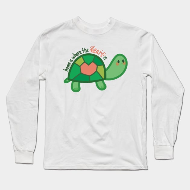 Green Turtle Quotes Home is Where the Heart Is Long Sleeve T-Shirt by Art by Biyan